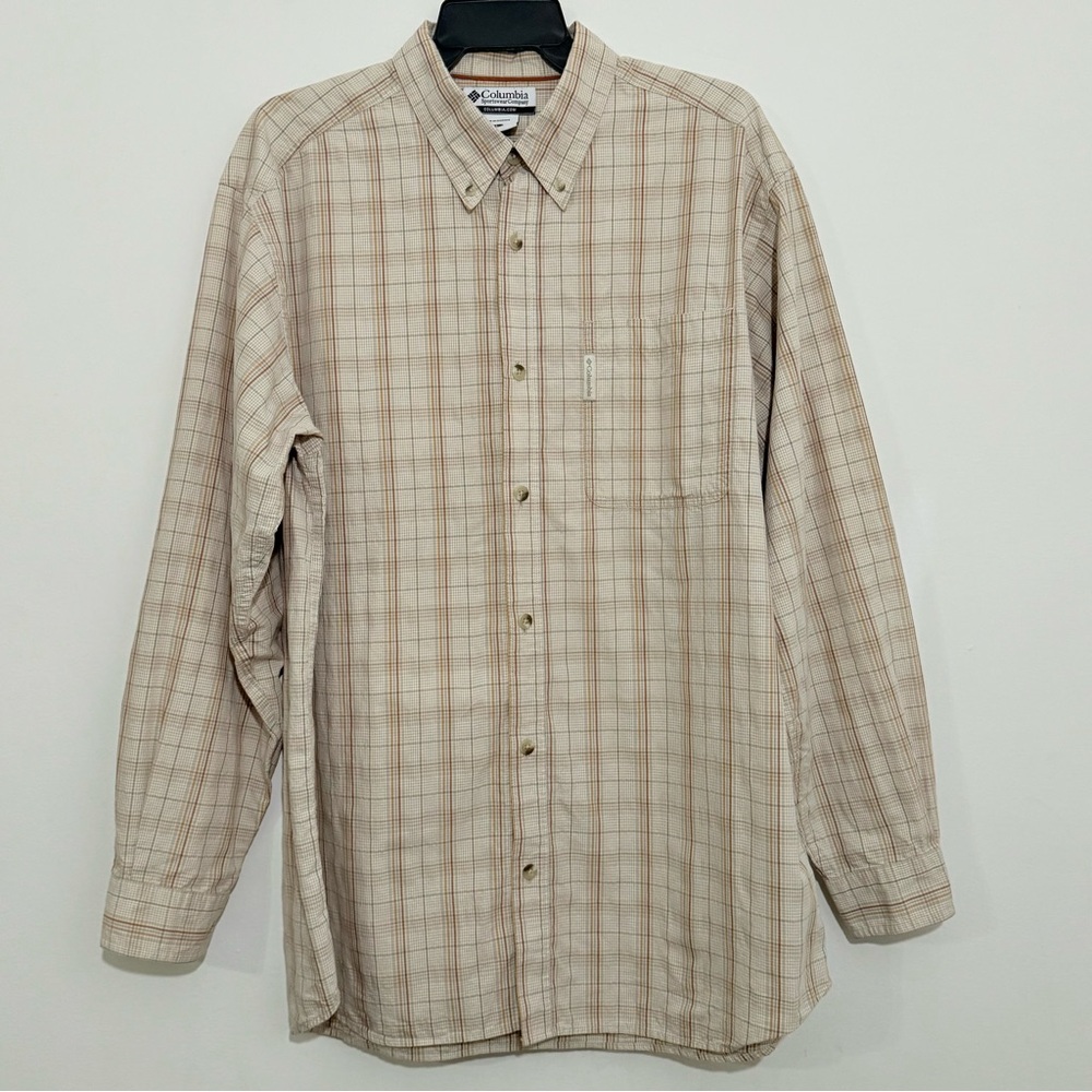 Columbia Men’s Plaid Button Down Shirt L Beige Cotton Outdoor Casual